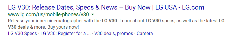 A screenshot of a Google result for “LG V30”